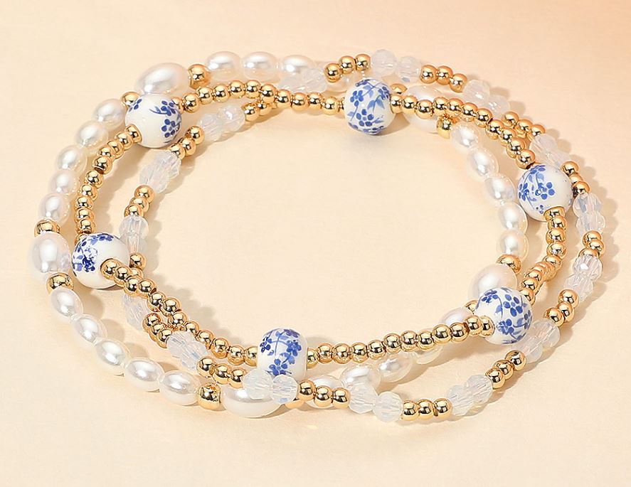 Floral Ceramic Ball Pearl Beaded Stretch Multi Layered Bracelets