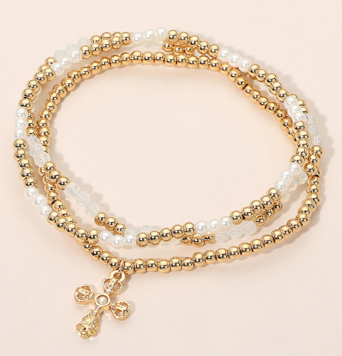 Cross Charm Metal Ball Pearl Faceted Beaded Stretch Multi Layered Bracelets