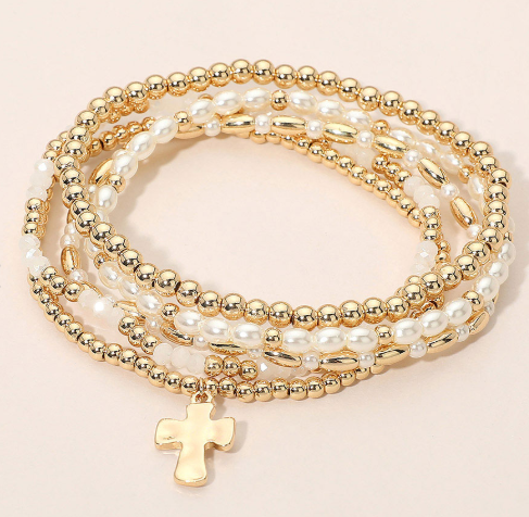 Cross Charm Pearl Metal Ball Beaded Stretch Multi Layered Bracelets