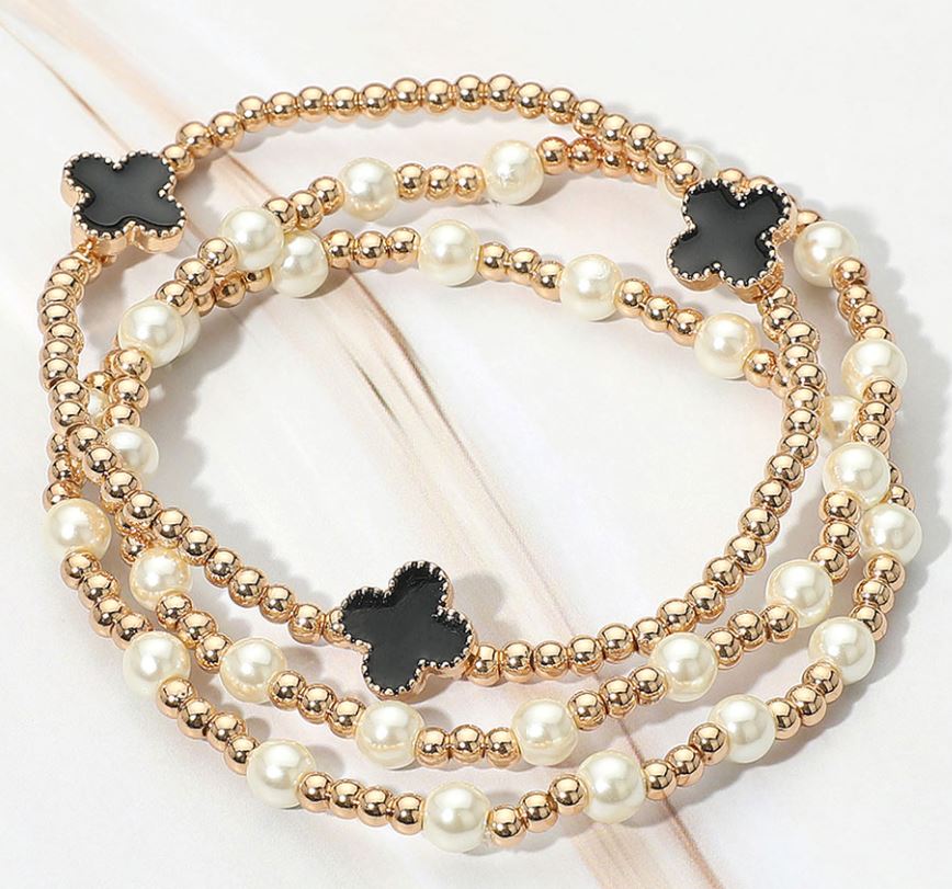 Quatrefoil Natural Stone Beaded Stretch Multi Layered Bracelets