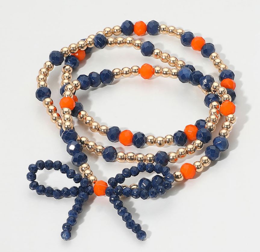 Sports Team Theme Colored Bow Accent Faceted Beaded Stretch Multi Layered Bracelets