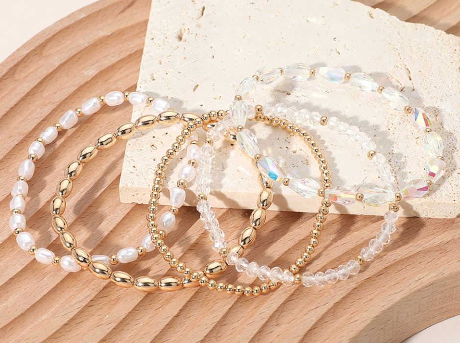 Pearl Metal Faceted Beaded Stretch Multi Layered Bracelets
