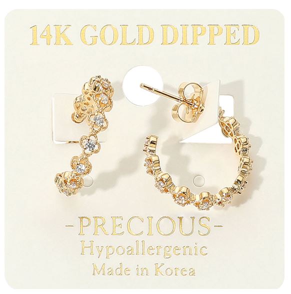 14K Gold Dipped Hypoallergenic Rhinestone Accent Open Floral Hoop Earrings