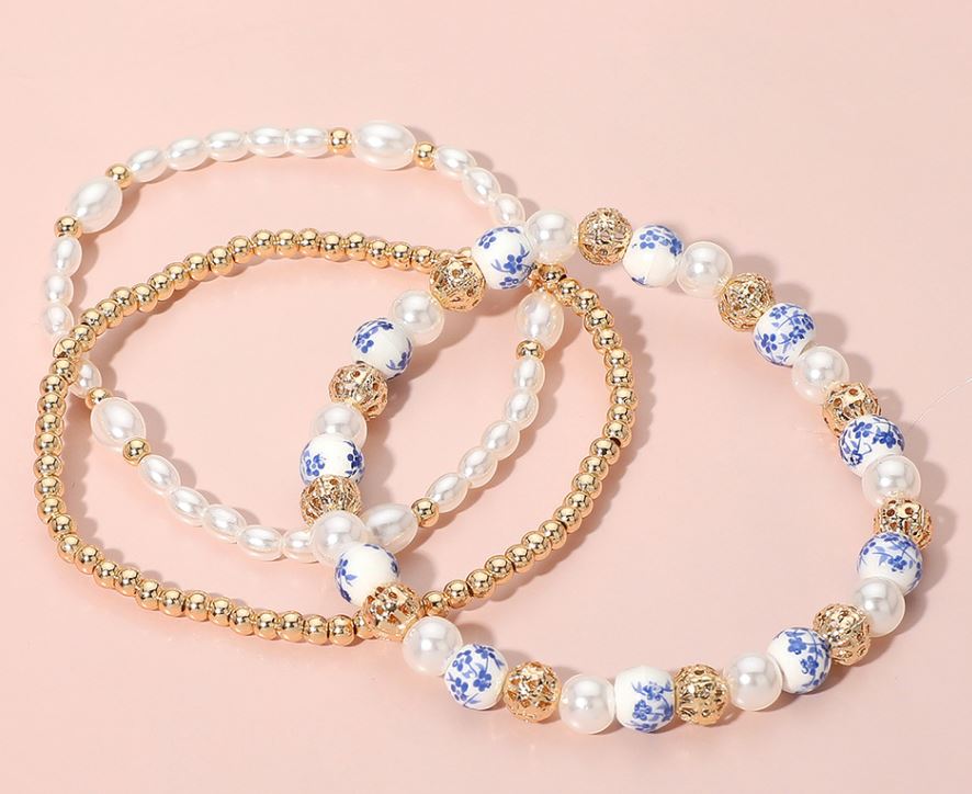 Pearl Ceramic Metal Ball Beaded Stretch Multi Layered Bracelets