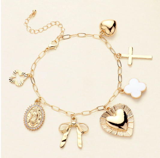 Quatrefoil Heart Bow Cross Charm Station Bracelet