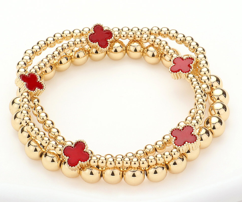 Quatrefoil Station Metal Ball Beaded Stretch Multi Layered Bracelets