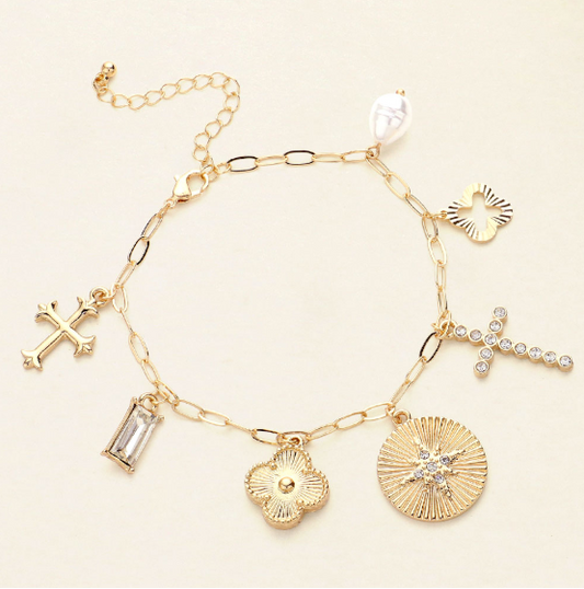 Cross Quatrefoil Pearl Baguette Stone Charm Station Bracelet