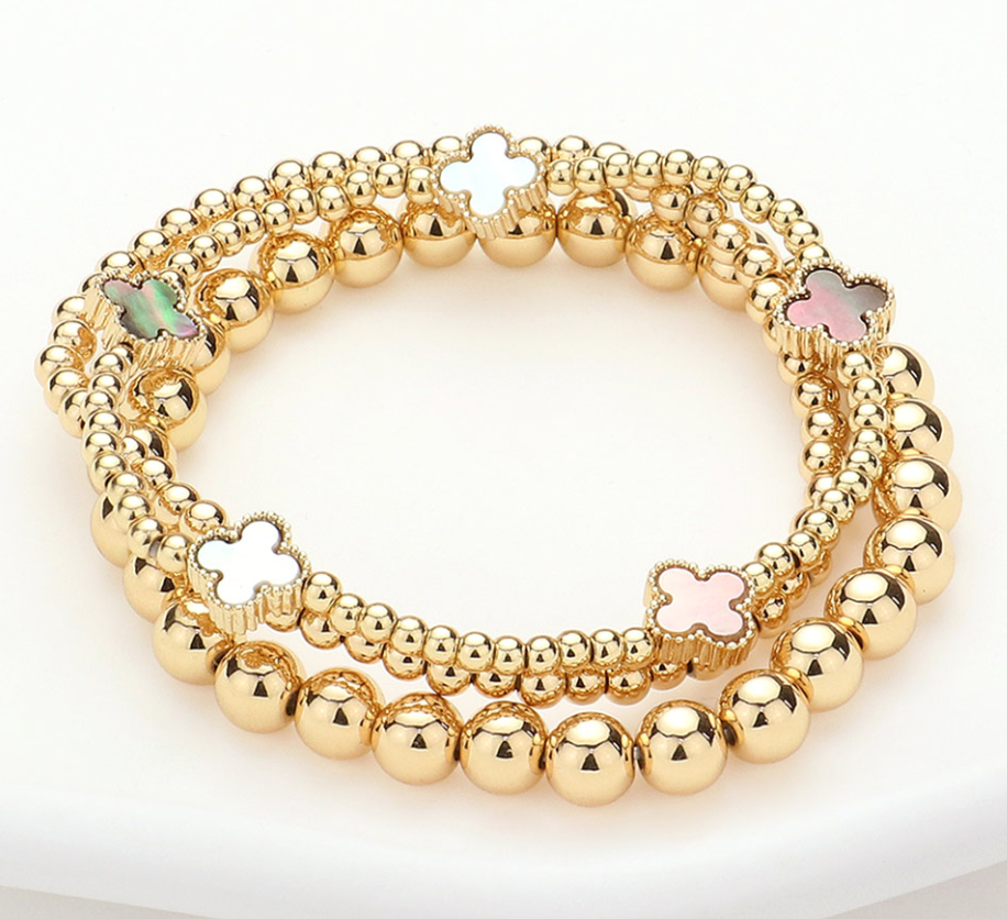 Quatrefoil Station Metal Ball Beaded Stretch Multi Layered Bracelets