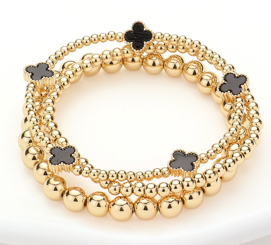 Quatrefoil Station Metal Ball Beaded Stretch Multi Layered Bracelets