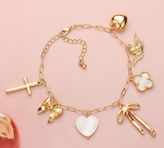 Mother Of Pearl Heart Quatrefoil Metal Cross Bow Angel Charm Station Paperclip Chain Bracelet