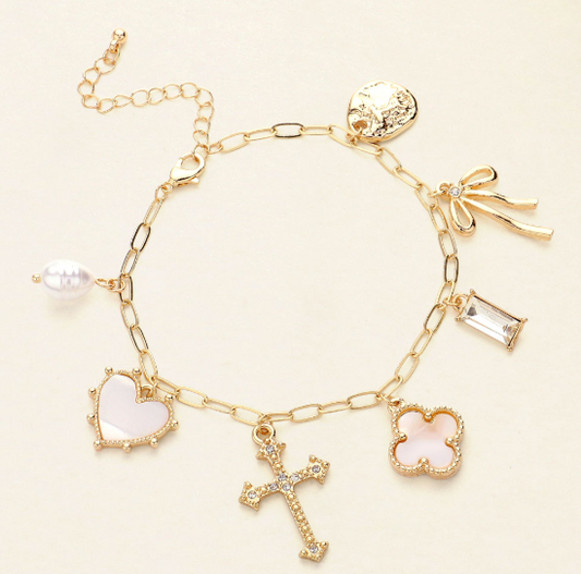 Pearl Heart Cross Quatrefoil Bow Charm Station Bracelet