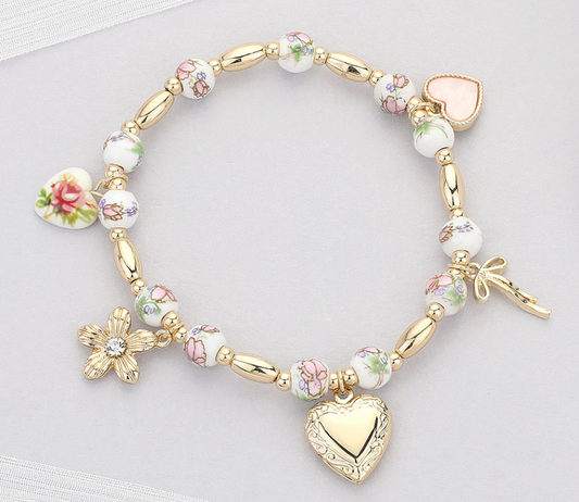 Heart Locket Flower Bow Charm Station Stretch Bracelet