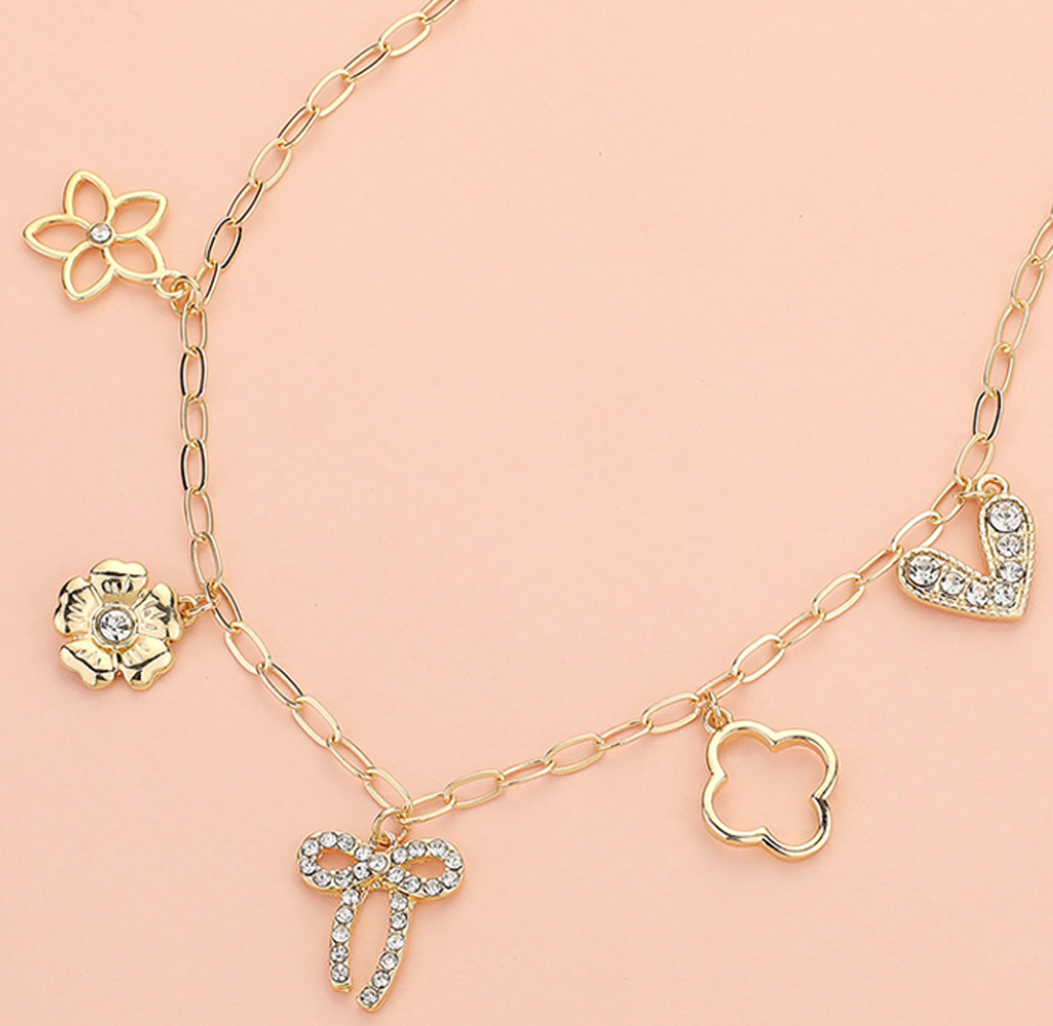 Flower Bow Quatrefoil Heart Charm Station Paperclip Chain Necklace