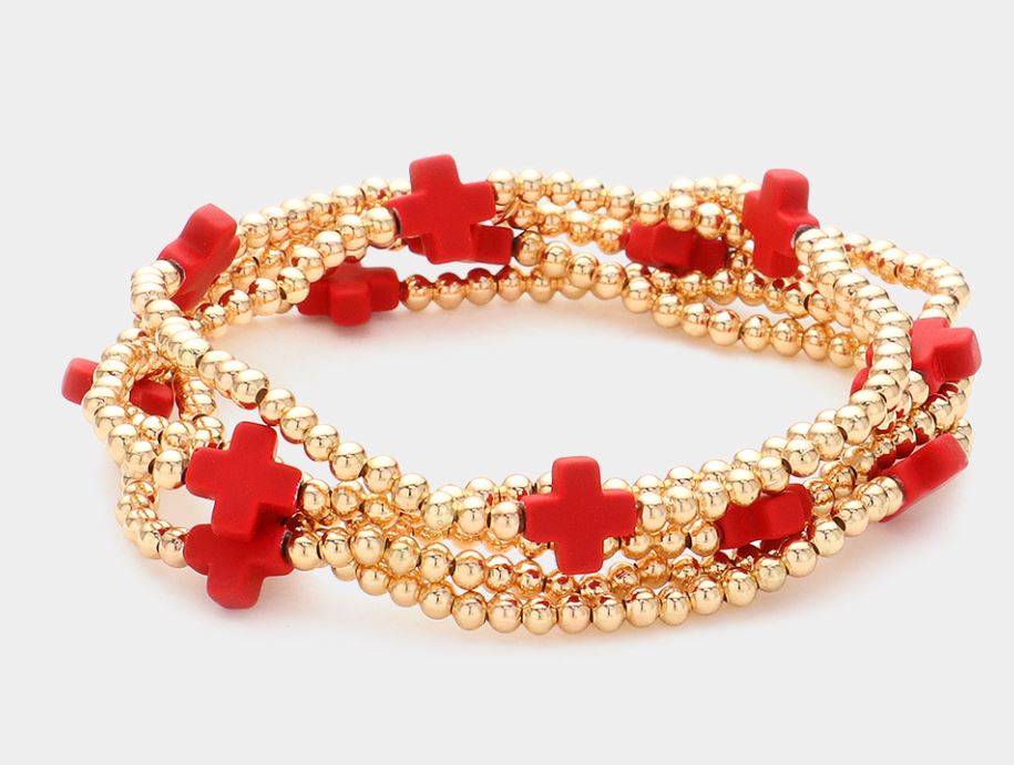 Cross Pointed Metal Ball Beaded Stretch Multi Layered Bracelets