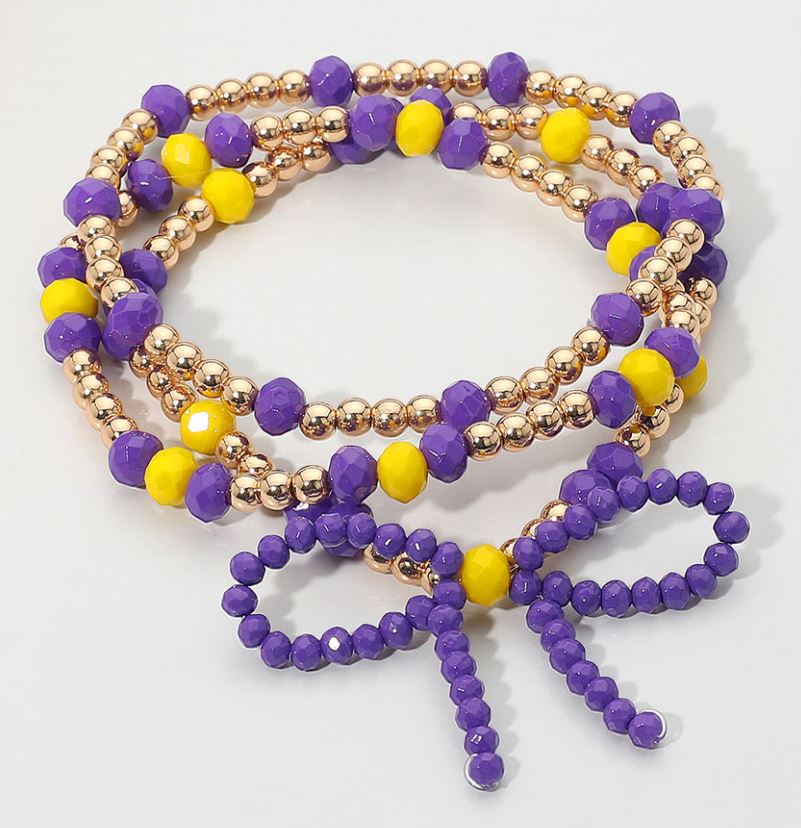 Sports Team Theme Colored Bow Accent Faceted Beaded Stretch Multi Layered Bracelets