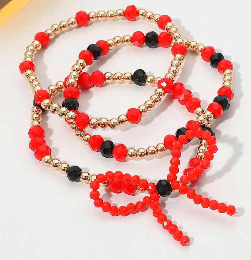 Sports Team Theme Colored Bow Accent Faceted Beaded Stretch Multi Layered Bracelets