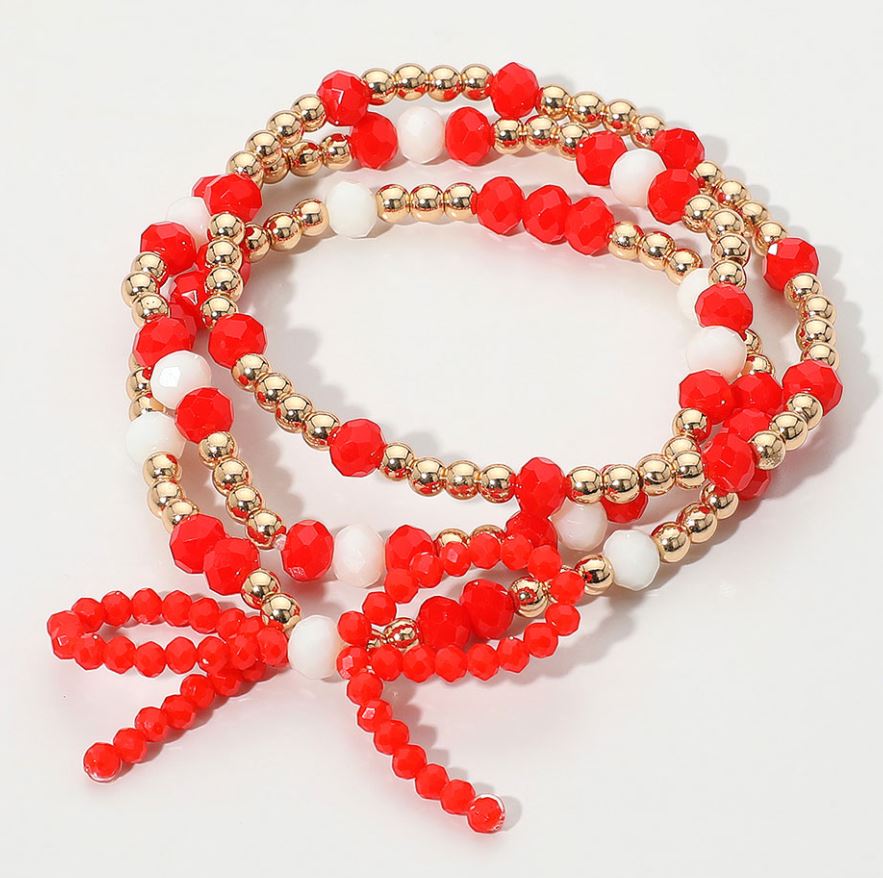 Sports Team Theme Colored Bow Accent Faceted Beaded Stretch Multi Layered Bracelets