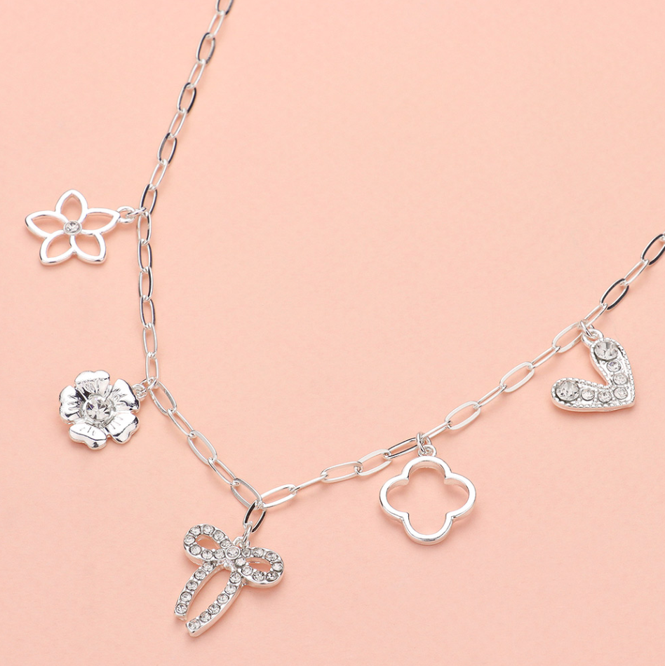 Flower Bow Quatrefoil Heart Charm Station Paperclip Chain Necklace