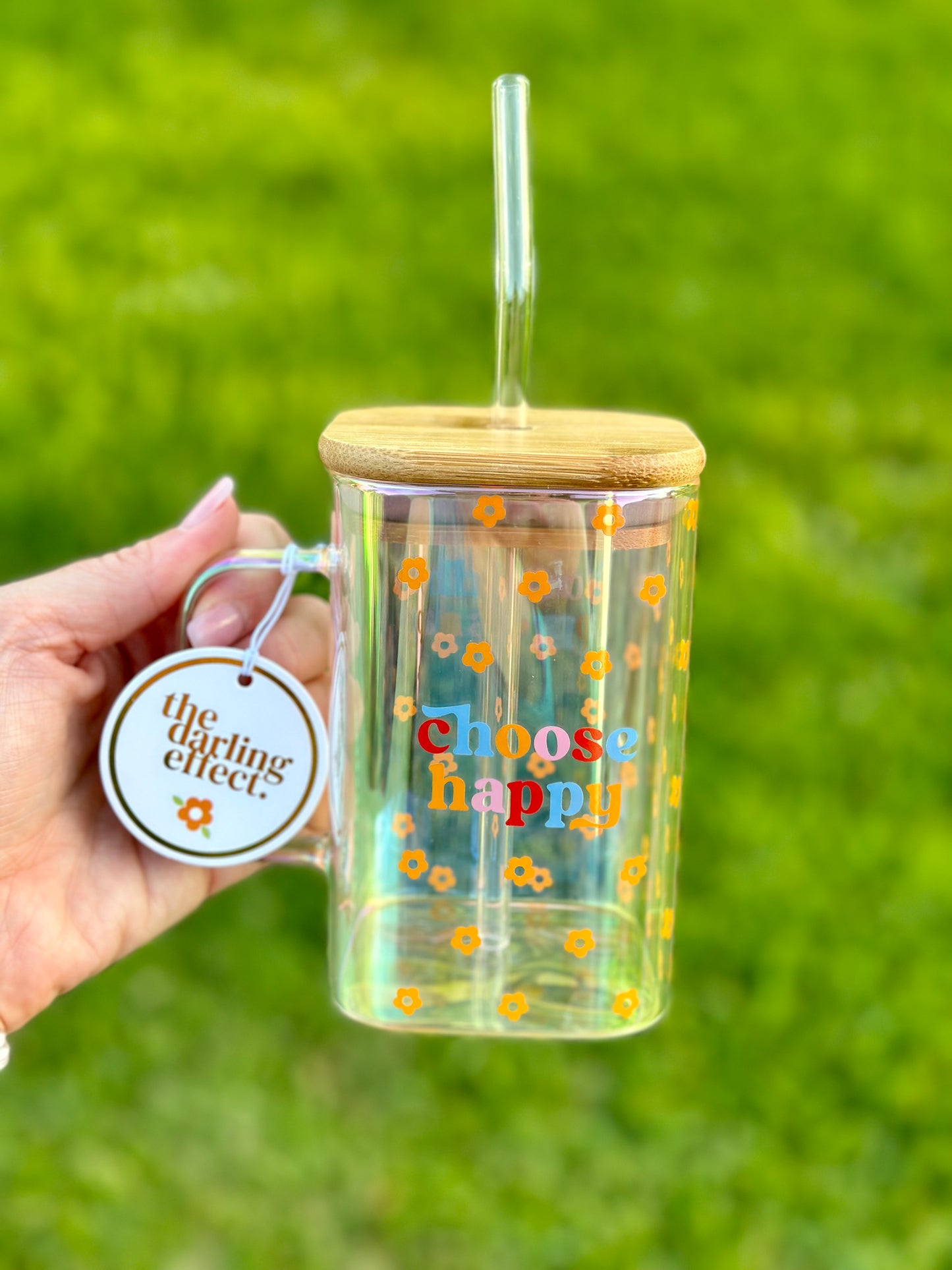 CHOOSE HAPPY Sqaure Glass Cup With Handle