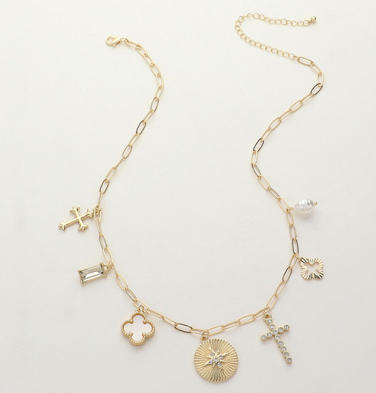 Cross Quatrefoil Pearl Baguette Stone Charm Station Necklace