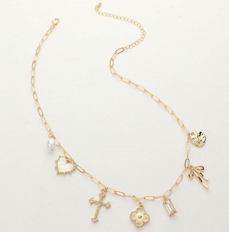 Pearl Heart Cross Quatrefoil Bow Charm Station Necklace