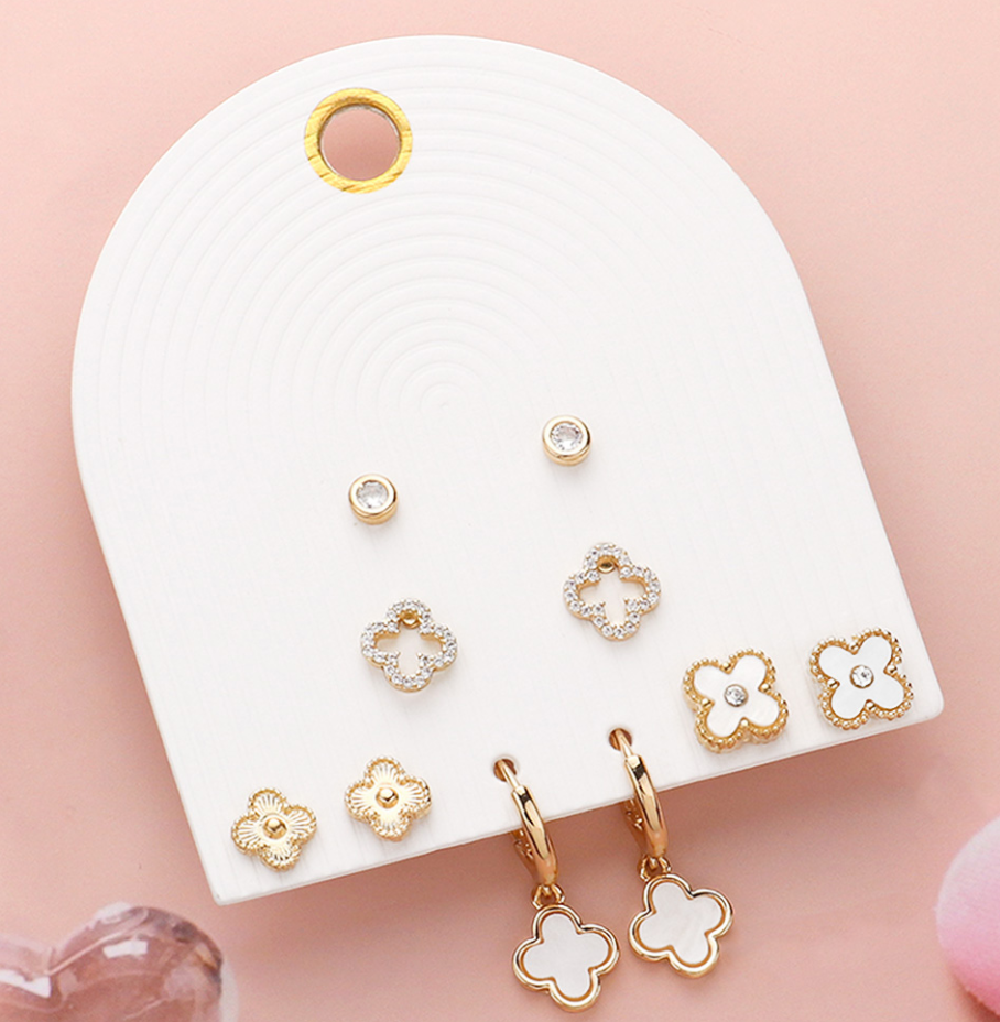 Stone Paved Moher of Pearl Quatrefoil Earrings