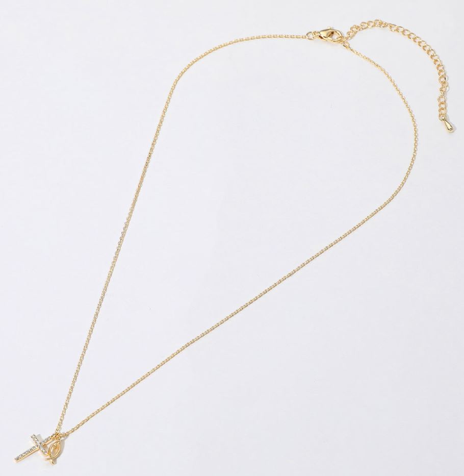 Stone Paved Cross Ichthys Pendant Necklace