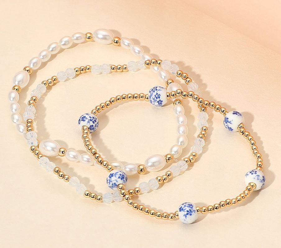 Floral Ceramic Ball Pearl Beaded Stretch Multi Layered Bracelets