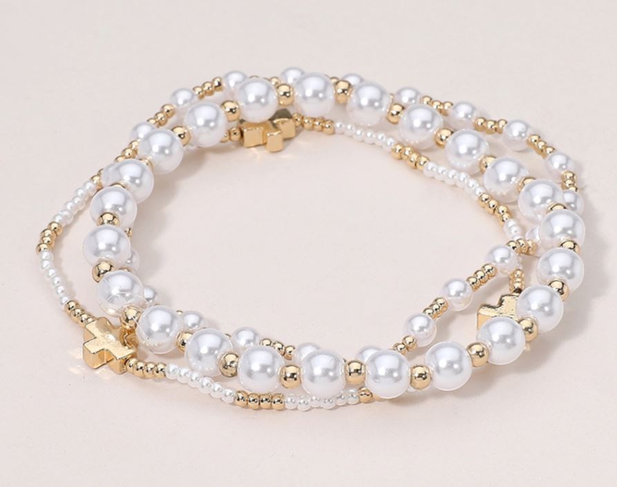 Metal Cross Pointed Pearl Beaded Stretch Multi Layered Bracelets