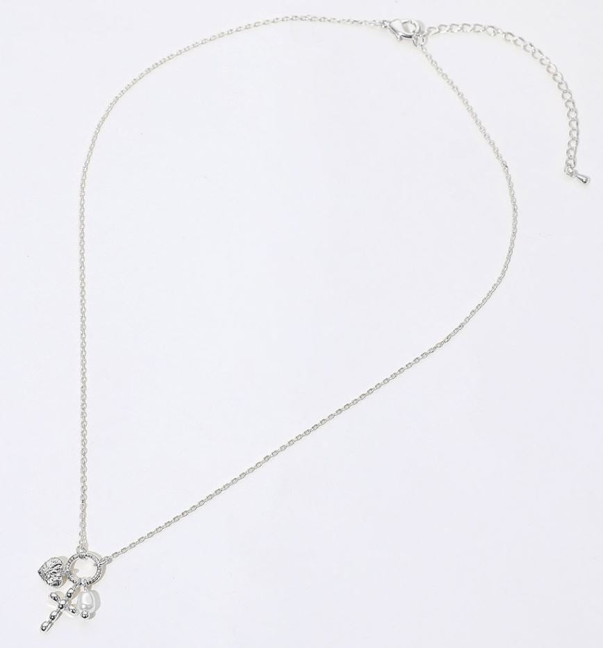 Metal Bubble Cross Heart Pearl Pendant Necklace