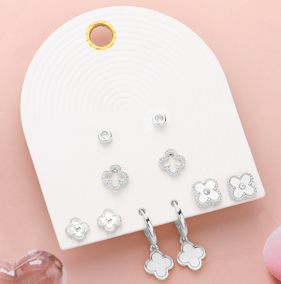 Stone Paved Moher of Pearl Quatrefoil Earrings