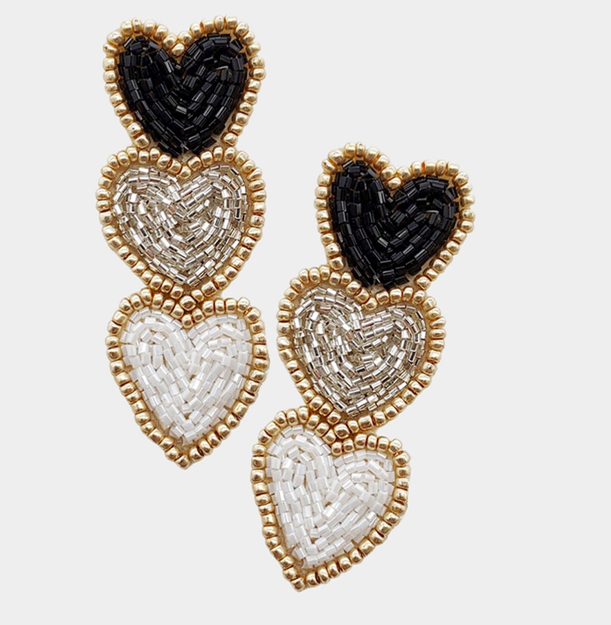 Black & Gold Beaded Hearts Earrings