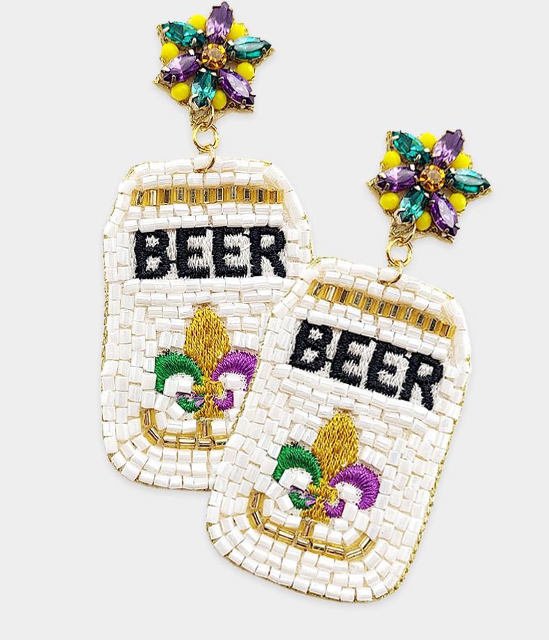 Mardi Gras Beaded Beer Earrings