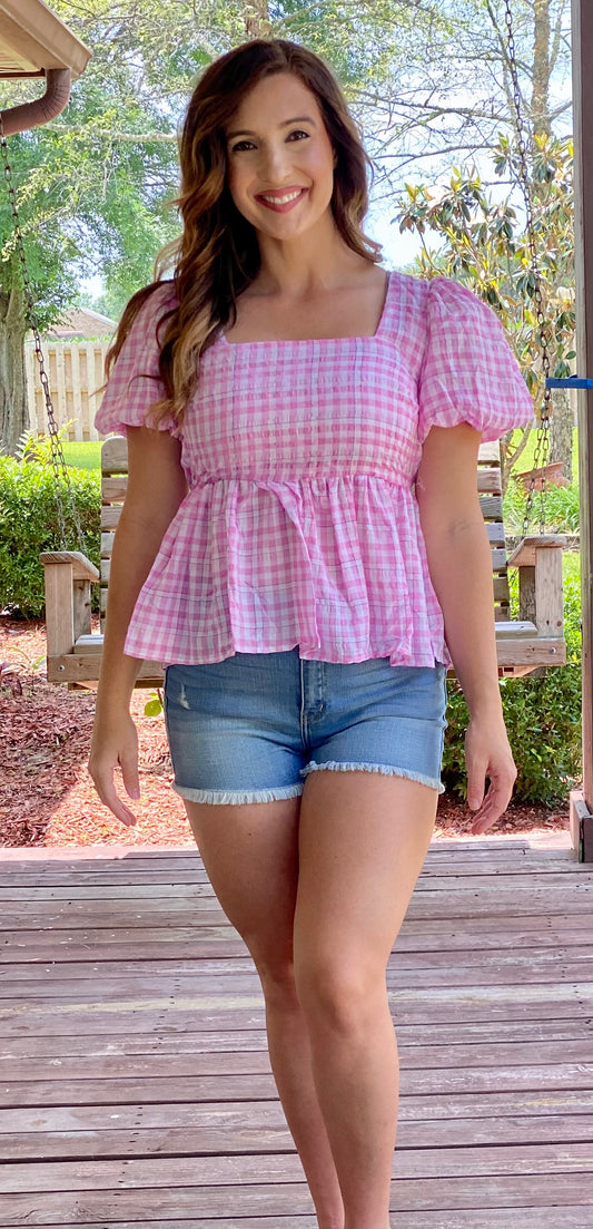 Pink Gingham Puff Sleeve Top