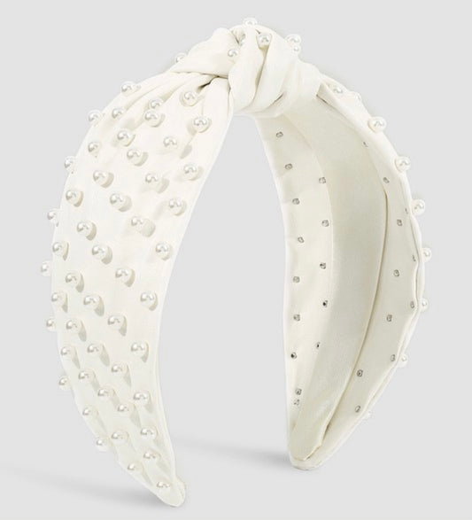 White Leather Head Band with Pearls